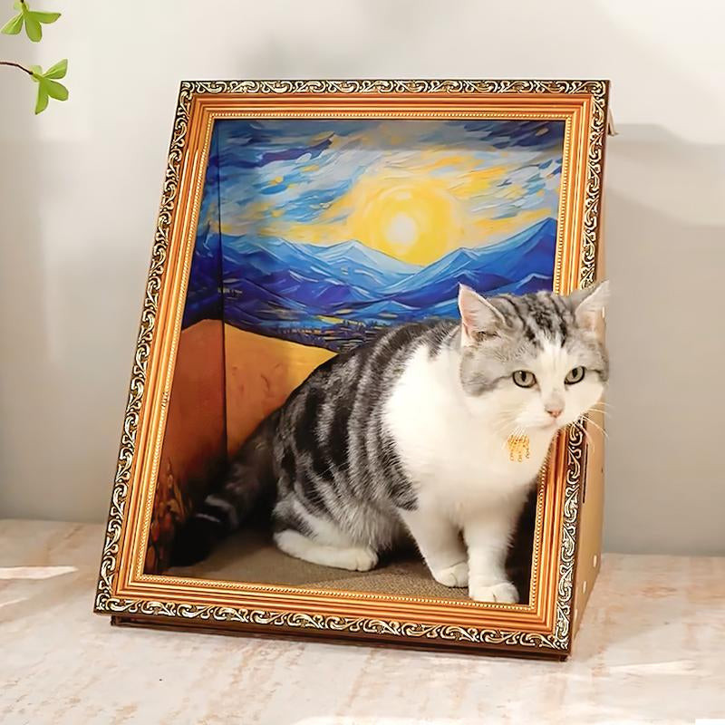 DIY 3D Frame Cat House with Scratching Board, Cat Living in Famous Painting ，Oil Painting Cat Scratcher , Easy-To-Assemble Bed Couch Cave Condo Creative Home Decoration Handicraft