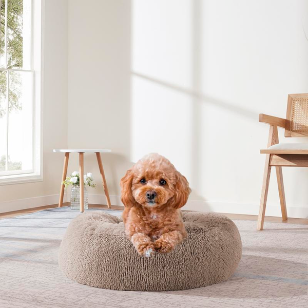Faux Fur Shaggy round Donut Pet Bed for Dogs & Cats, 100% Polyester Fiber, Machine Washable, Non-Slip Dot Fabric