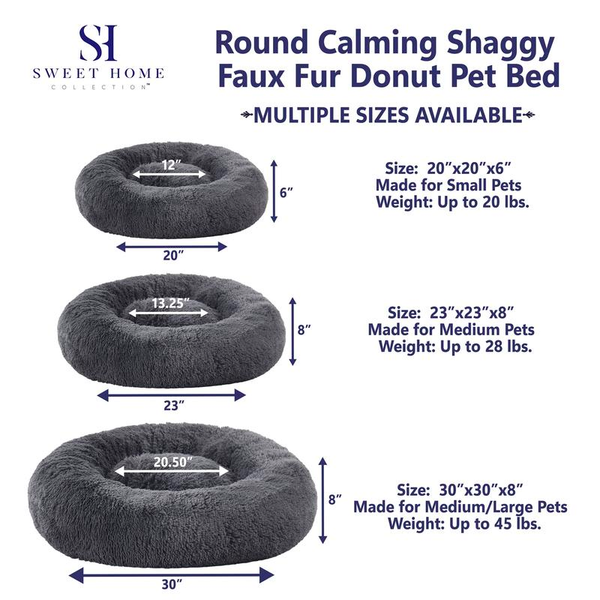 Faux Fur Shaggy round Donut Pet Bed for Dogs & Cats, 100% Polyester Fiber, Machine Washable, Non-Slip Dot Fabric