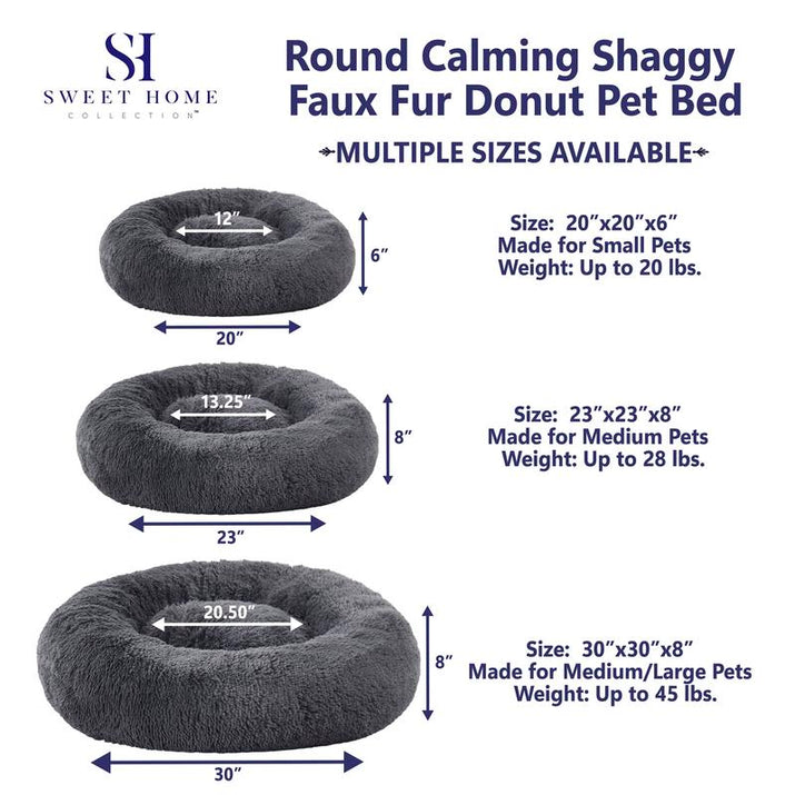 Faux Fur Shaggy round Donut Pet Bed for Dogs & Cats, 100% Polyester Fiber, Machine Washable, Non-Slip Dot Fabric