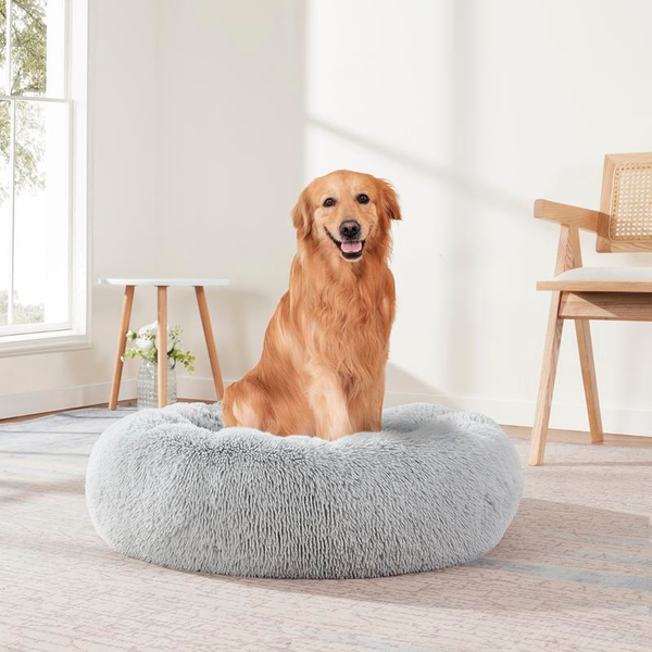 Faux Fur Shaggy round Donut Pet Bed for Dogs & Cats, 100% Polyester Fiber, Machine Washable, Non-Slip Dot Fabric