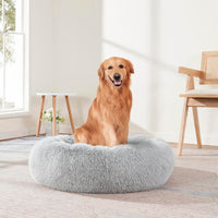 Faux Fur Shaggy round Donut Pet Bed for Dogs & Cats, 100% Polyester Fiber, Machine Washable, Non-Slip Dot Fabric