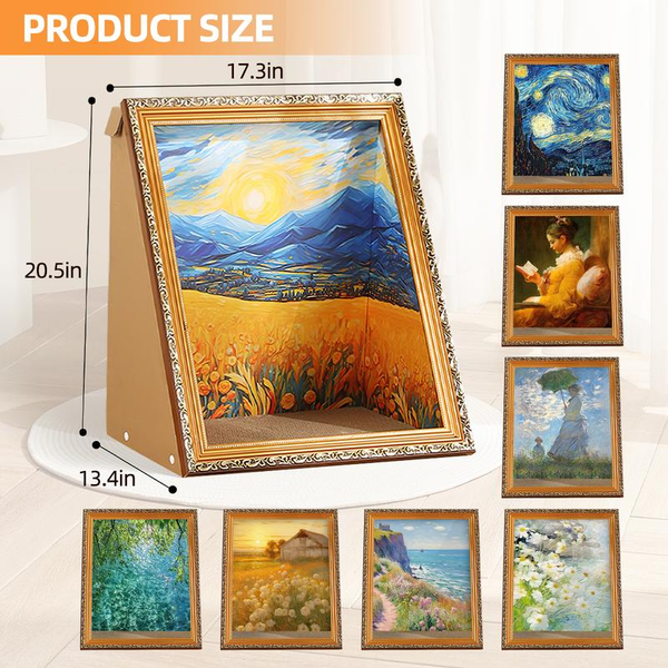 DIY 3D Frame Cat House with Scratching Board, Cat Living in Famous Painting ，Oil Painting Cat Scratcher , Easy-To-Assemble Bed Couch Cave Condo Creative Home Decoration Handicraft