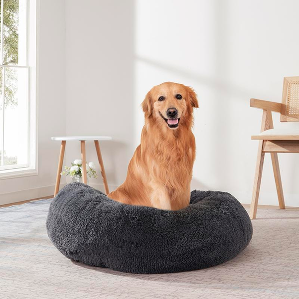 Faux Fur Shaggy round Donut Pet Bed for Dogs & Cats, 100% Polyester Fiber, Machine Washable, Non-Slip Dot Fabric