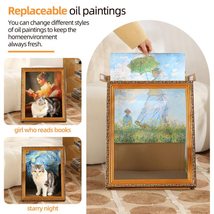 DIY 3D Frame Cat House with Scratching Board, Cat Living in Famous Painting ，Oil Painting Cat Scratcher , Easy-To-Assemble Bed Couch Cave Condo Creative Home Decoration Handicraft