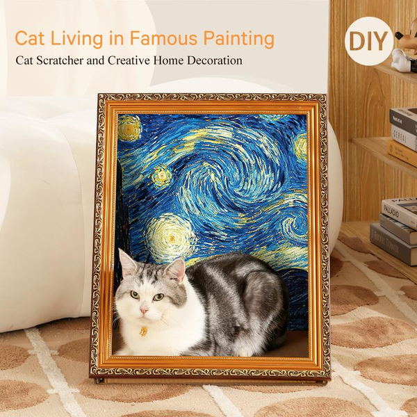 DIY 3D Frame Cat House with Scratching Board, Cat Living in Famous Painting ，Oil Painting Cat Scratcher , Easy-To-Assemble Bed Couch Cave Condo Creative Home Decoration Handicraft