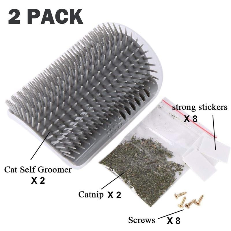 Cat Corner Self Groomer 2-Pack with Catnip, Wall-Mounted Grooming Brush for Dogs and Cats, Gentle Massage, High-Quality Plastic