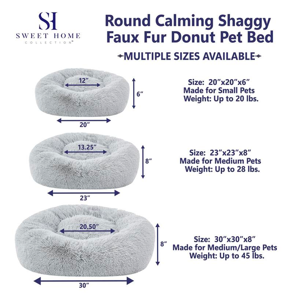 Faux Fur Shaggy round Donut Pet Bed for Dogs & Cats, 100% Polyester Fiber, Machine Washable, Non-Slip Dot Fabric