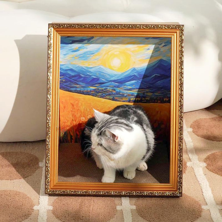 DIY 3D Frame Cat House with Scratching Board, Cat Living in Famous Painting ，Oil Painting Cat Scratcher , Easy-To-Assemble Bed Couch Cave Condo Creative Home Decoration Handicraft