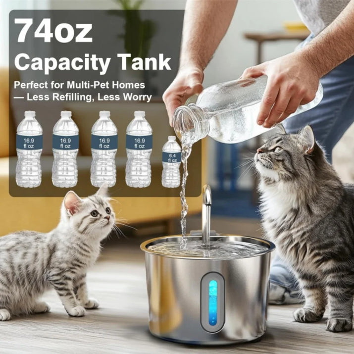Stainless Steel Cat Water Fountain 2.2L/75Oz Pet Automatic Water Dispenser