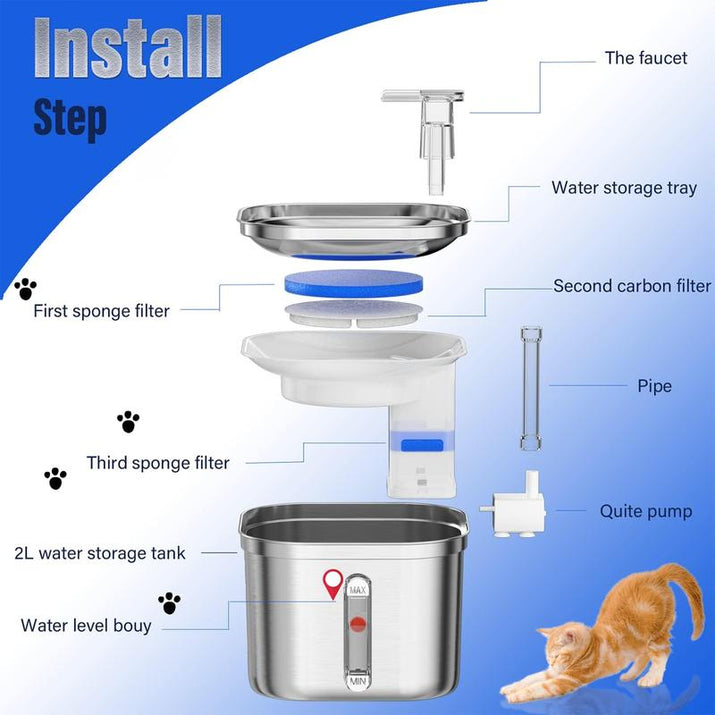 74Oz/2.2L Automatic Pet Water Fountain Dog Water Dispenser, Stainless Steel Cat Water Feeder