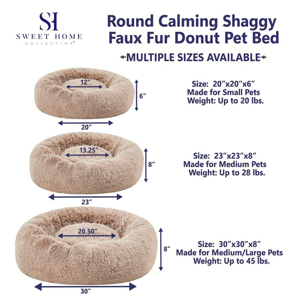 Faux Fur Shaggy round Donut Pet Bed for Dogs & Cats, 100% Polyester Fiber, Machine Washable, Non-Slip Dot Fabric