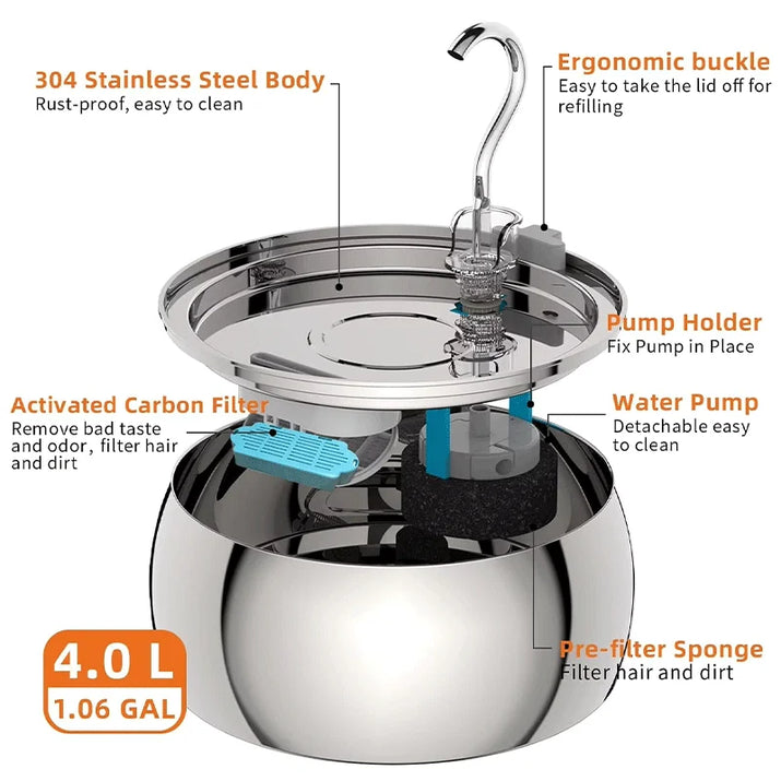 4L Ultra-Quiet Stainless Steel Cat Water Fountain Automatic Drink Filter Pet Drinking Dispenser Drinker for Cats Water Filter