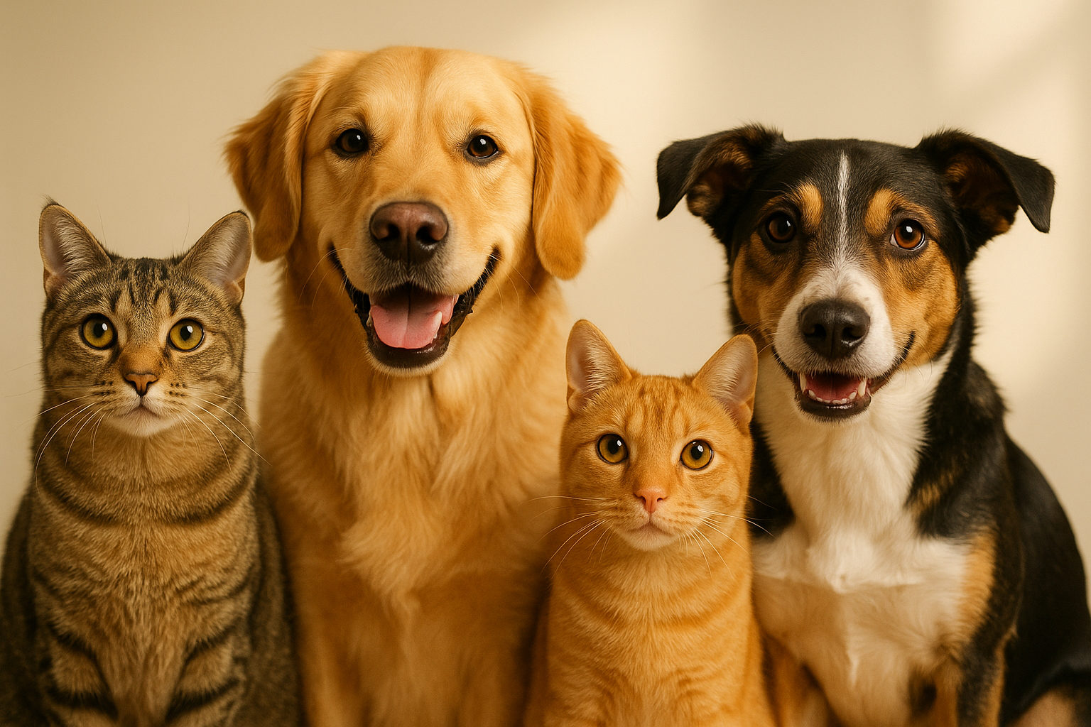 Create an image of 2 cats and 2 dogs staring, for my pet website