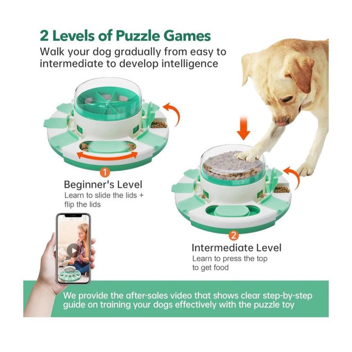 Interactive Dog Puzzle Toy - 2 Levels of Fun, Slow Feeder for IQ Training & Entertainment for All Breeds (Green & White)
