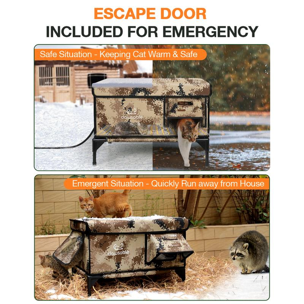 Clawsable Indestructible Heated Cat House for outside Cats, 100% Weatherproof, Safe Escape Door, Insulated Design, Ideal for Winter Use Enclosure